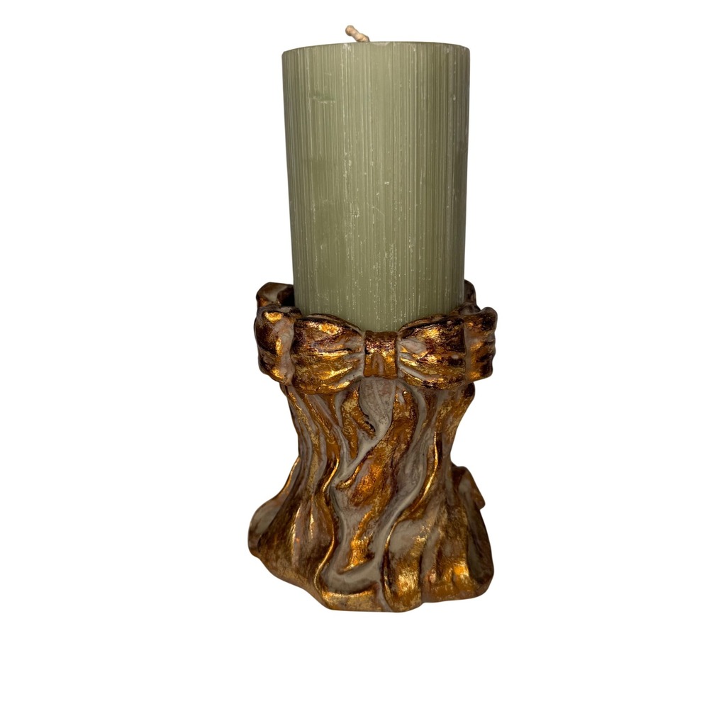 VTG 2000 Gold Draped Bow Pillar Candle Holder w Candle Girly Regency Maximalism